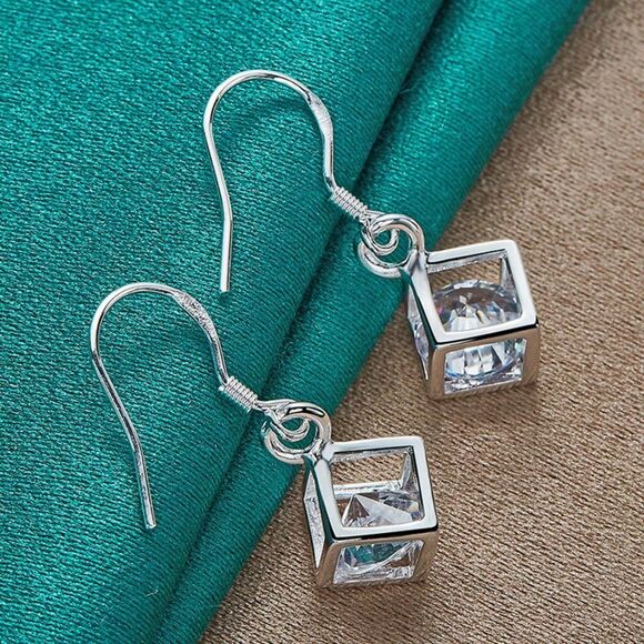925 Sterling Silver Cube Dangle Drp Earrings Crystal Charm Dainty Classic Square - Picture 3 of 5